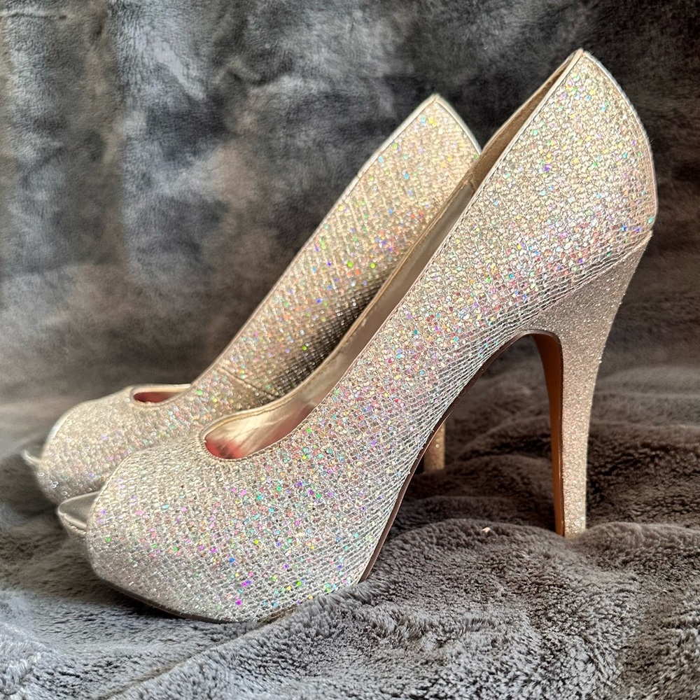 Sparkly Silver Peep-Toe High Heels